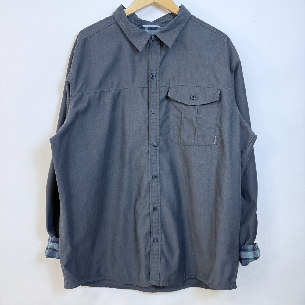 Columbia Long Sleeve Button Up Shirt Mens XXL Gray Plaid Flip Cuff Front Pocket